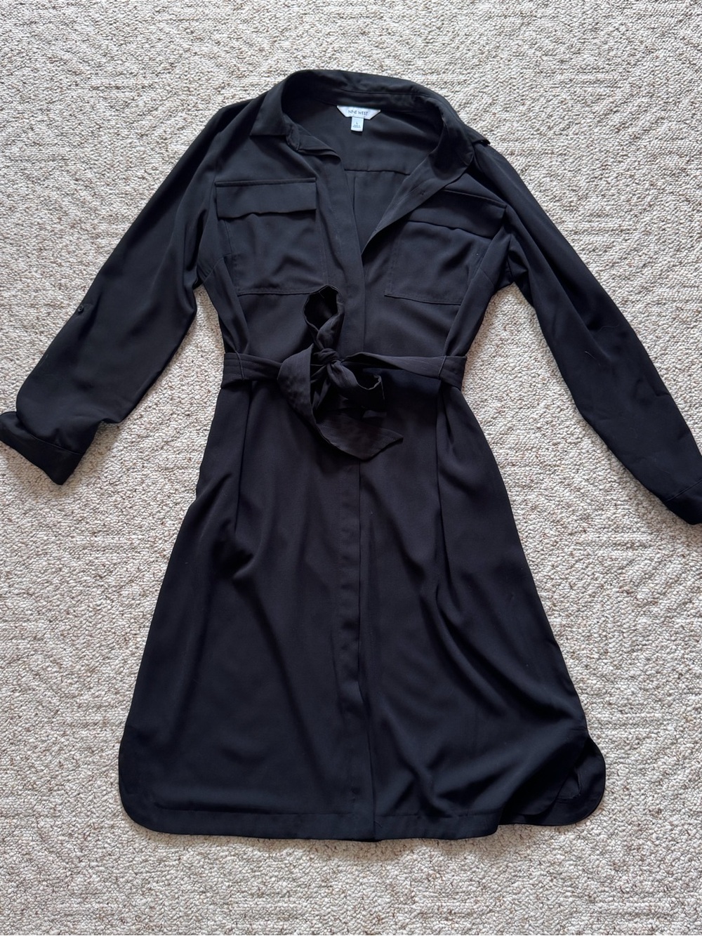 Nine West Black Long-Sleeve Tie-Waist Shirt Dress